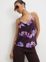 River Island Purple Floral Satin Cowl Neck Cami Top - Image 1 of 4