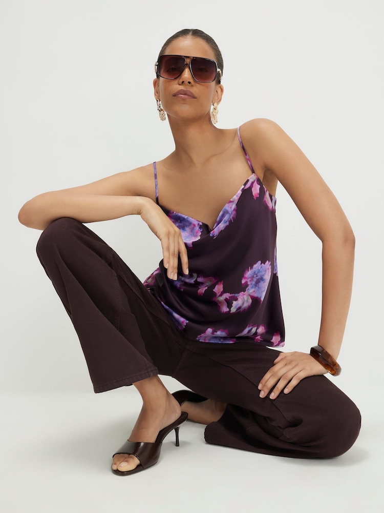 River Island Purple Floral Satin Cowl Neck Cami Top - Image 4 of 4