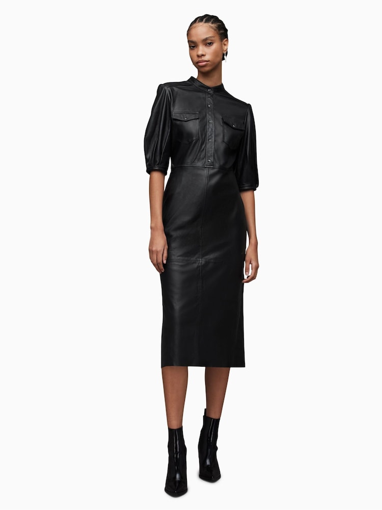 AllSaints Black Leather Jackie Dress - Image 1 of 5
