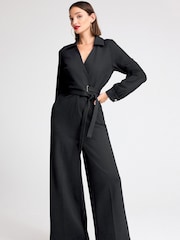 Black Ponte Long Sleeve Wide Leg Jumpsuit - Image 1 of 4