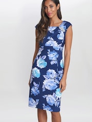 Gina Bacconi Blue Magda Printed Shift Dress With Trim - Image 1 of 4