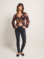 Gelber Druck - Mesh Tie Front Rüsche langärmelige Bluse - Bild 2 von 6