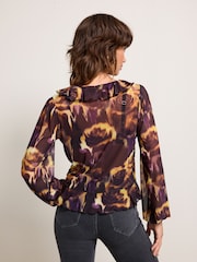 Gelber Druck - Mesh Tie Front Rüsche langärmelige Bluse - Bild 3 von 6