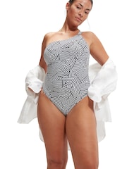 Speedo Black Womens Shaping Printed Asymmetric 1 Piece Swimsuit - Image 5 of 12