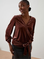 FatFace Brown Reese Velvet Wrap Top - Image 1 of 6