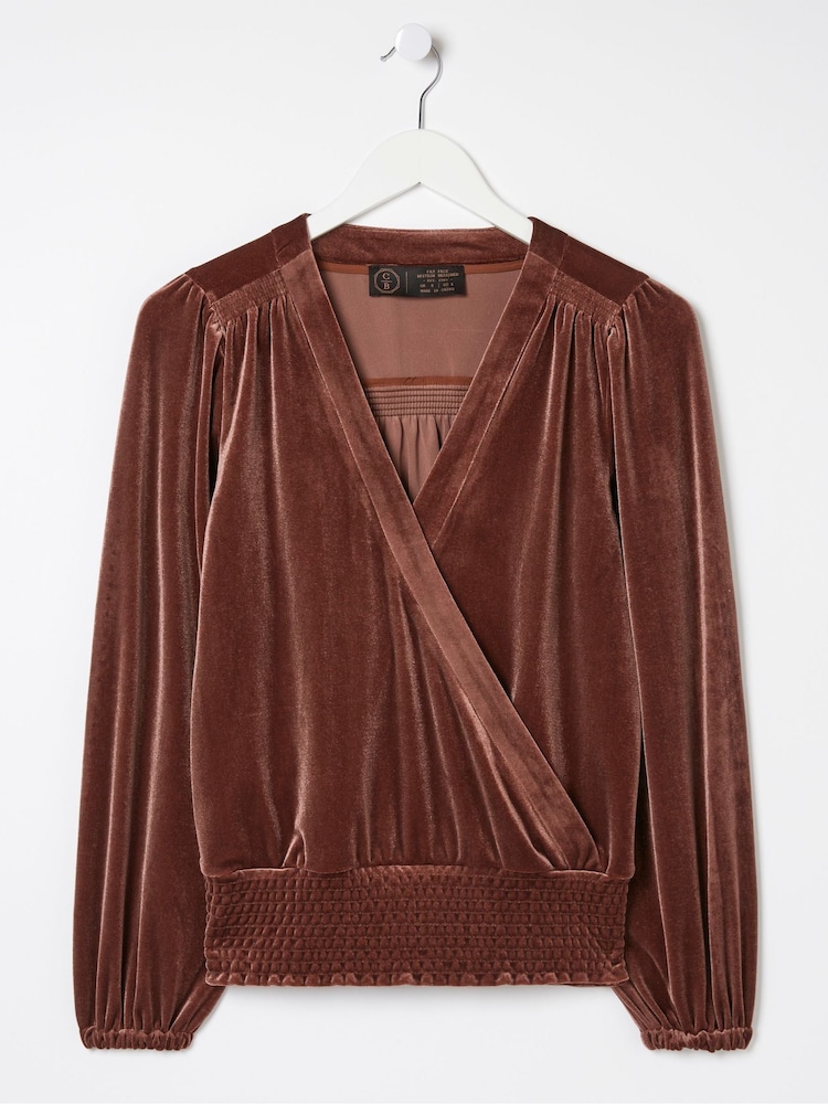 FatFace Brown Reese Velvet Wrap Top - Image 6 of 6
