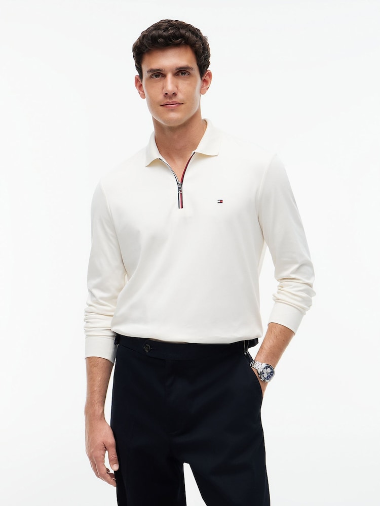 Tommy Hilfiger Cream Fluid Cotton Long Sleeve Polo Shirt - Image 1 of 6