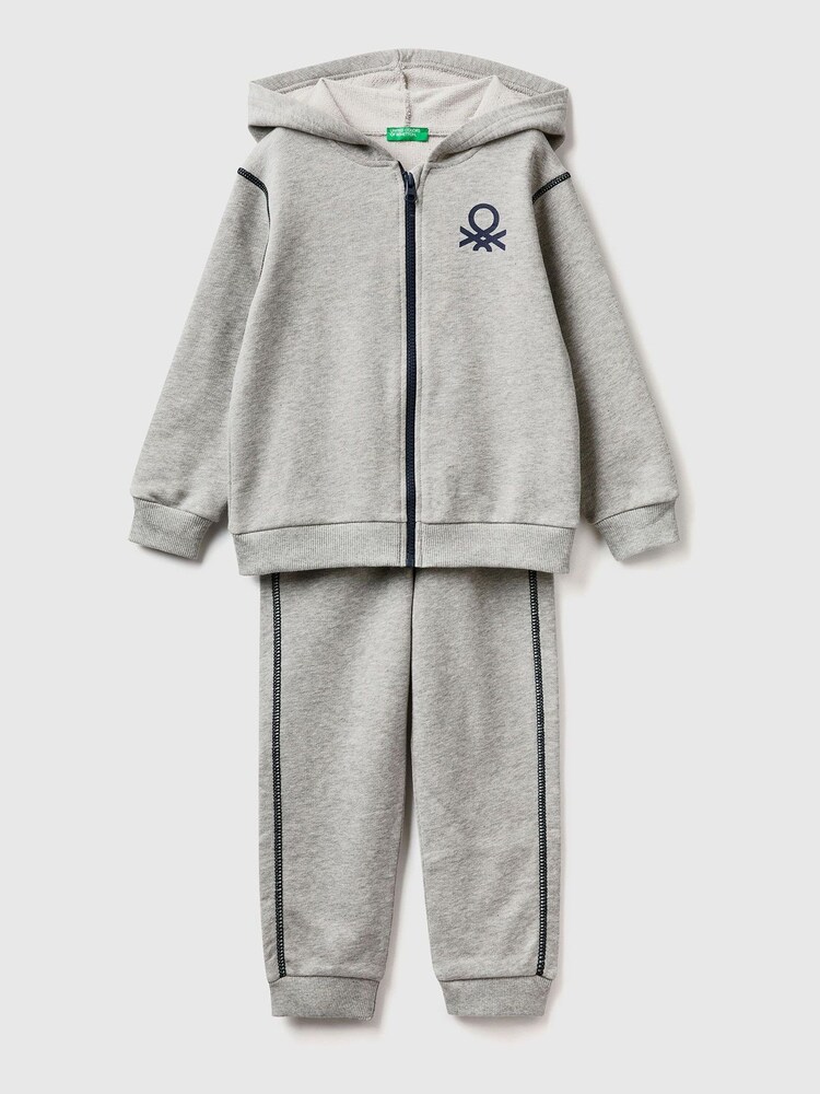 Benetton Boys Grey Contrast Zip Tracksuit Set - Image 1 of 3