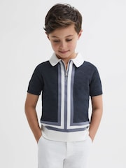 Reiss Eclipse Blue/White London Cotton Knitted Half-Zip Polo T-Shirt - Image 1 of 6