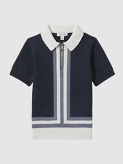 Reiss Eclipse Blue/White London Cotton Knitted Half-Zip Polo T-Shirt - Image 2 of 6