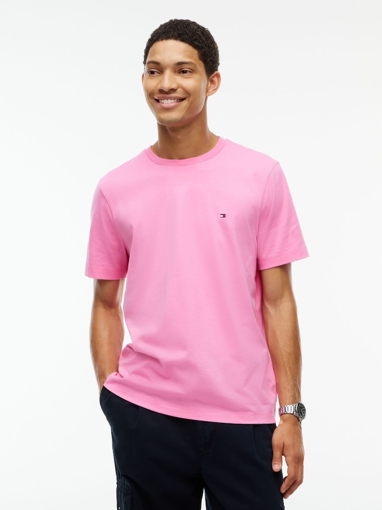 Tommy Hilfiger Pink Flag Embroidery Crew Neck T-Shirt - Image 1 of 5 Tommy Hilfiger Pink Flag Embroidery Crew Neck T-Shirt - Image 1 of 5