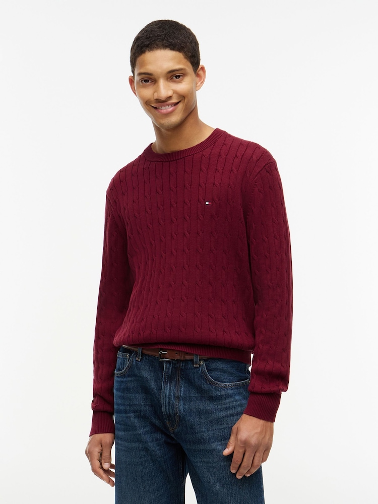 Tommy Hilfiger Burgundy Red Cable Knit Crew Neck Jumper - Image 1 of 5 Tommy Hilfiger Burgundy Red Cable Knit Crew Neck Jumper - Image 1 of 5