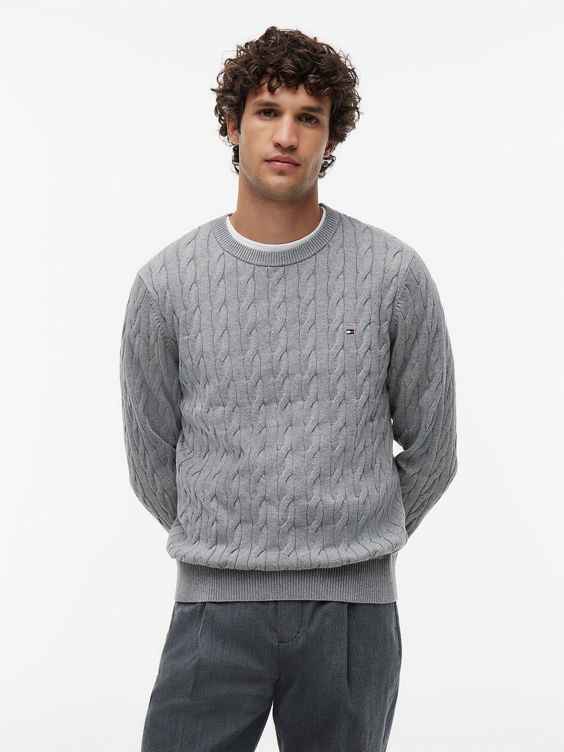 Tommy Hilfiger Men's Grey Cable Knit Crew Neck Jumper - Image 7