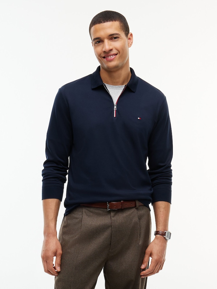 Tommy Hilfiger Blue Fluid Cotton Long Sleeve Polo Shirt - Image 1 of 6 Tommy Hilfiger Blue Fluid Cotton Long Sleeve Polo Shirt - Image 1 of 6