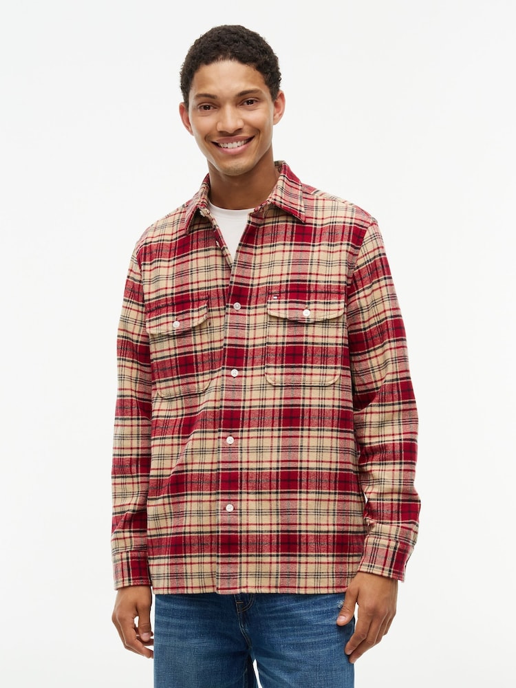 Tommy Hilfiger Red Relaxed Fit Check Flannel Overshirt - Image 1 of 5 Tommy Hilfiger Red Relaxed Fit Check Flannel Overshirt - Image 1 of 5