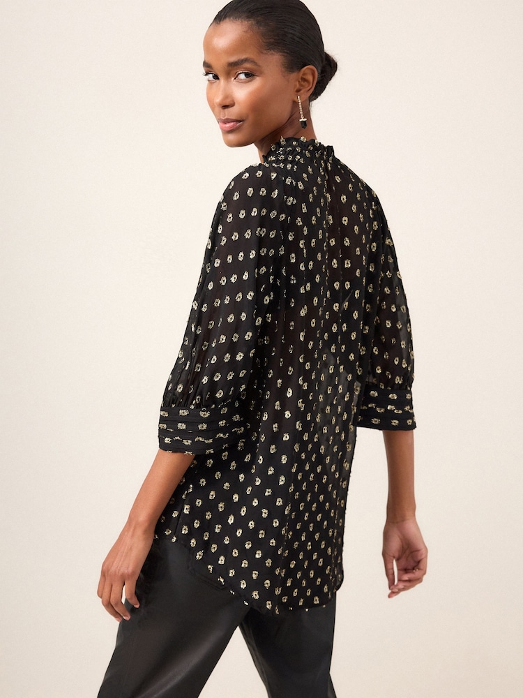 Black V-Neck Metallic Spot 3/4 Sleeve Blouse - Image 2 of 6 Black V-Neck Metallic Spot 3/4 Sleeve Blouse - Image 2 of 6
