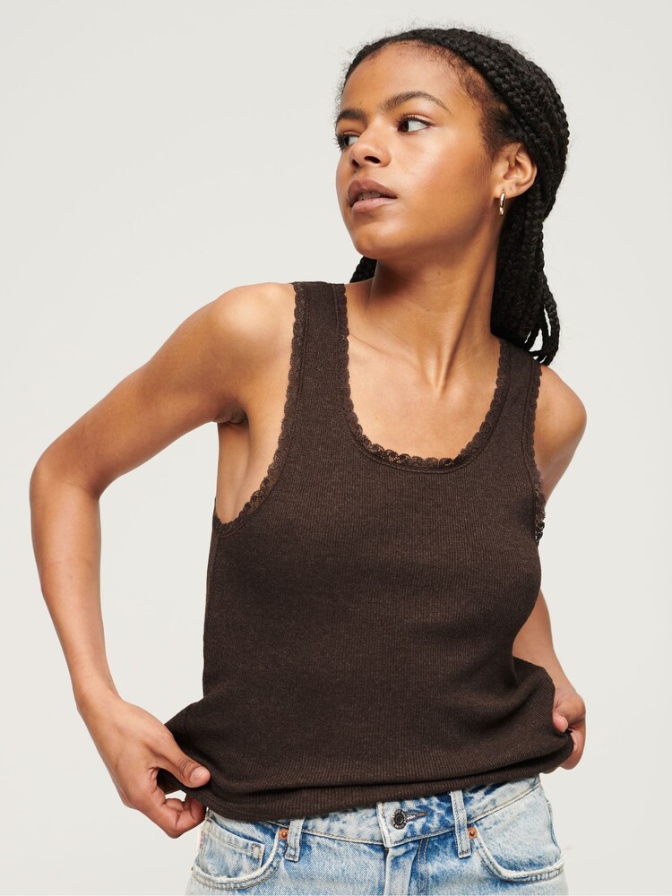 Superdry Brown Vintage Lace Trim Vest - Image 1 of 4