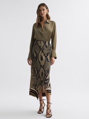 Reiss Brown Daria Snake Print Midi Skirt - Image 1 of 5