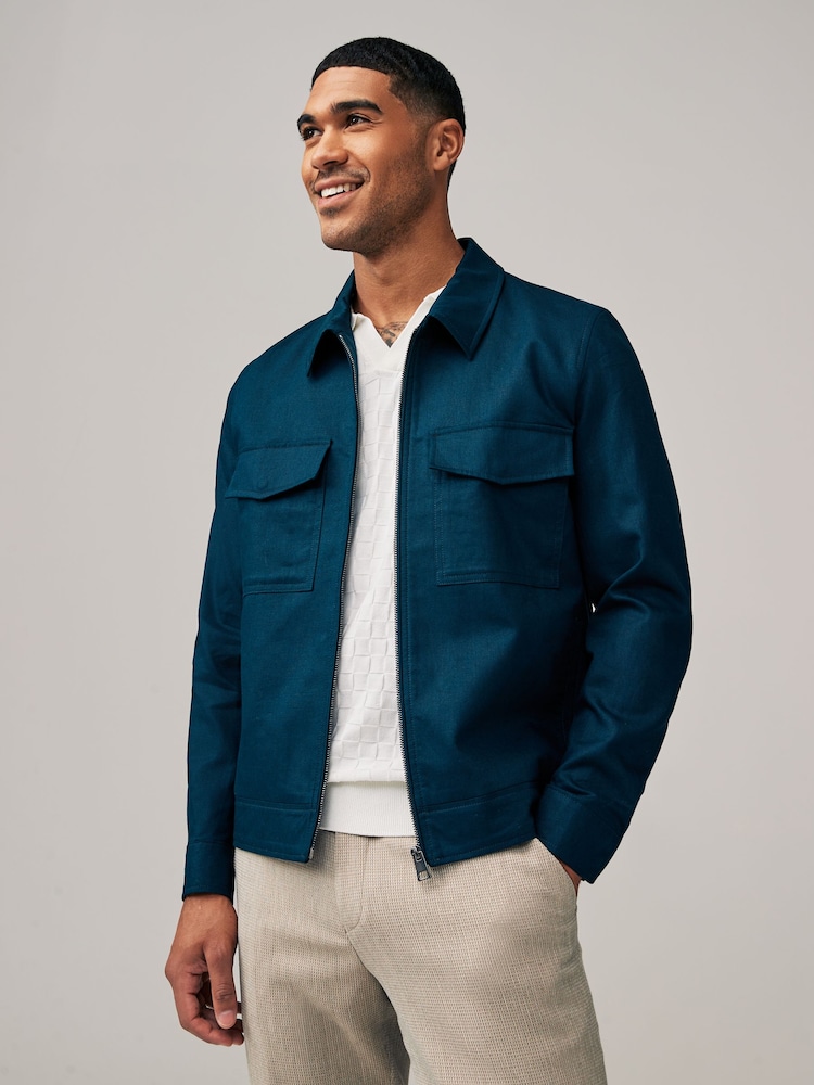 Navy Blue Linen Blend Shacket - Image 1 of 10