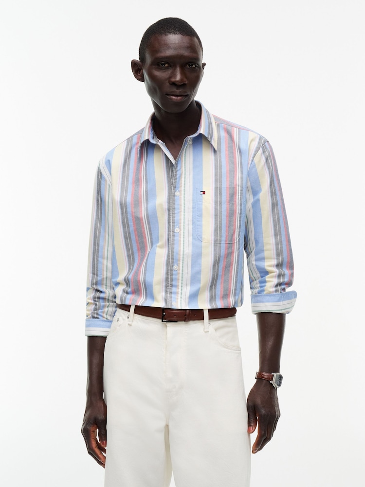 Tommy Hilfiger Blue Relaxed Fit Mixed Stripe Oxford Shirt - Image 1 of 6 Tommy Hilfiger Blue Relaxed Fit Mixed Stripe Oxford Shirt - Image 1 of 6