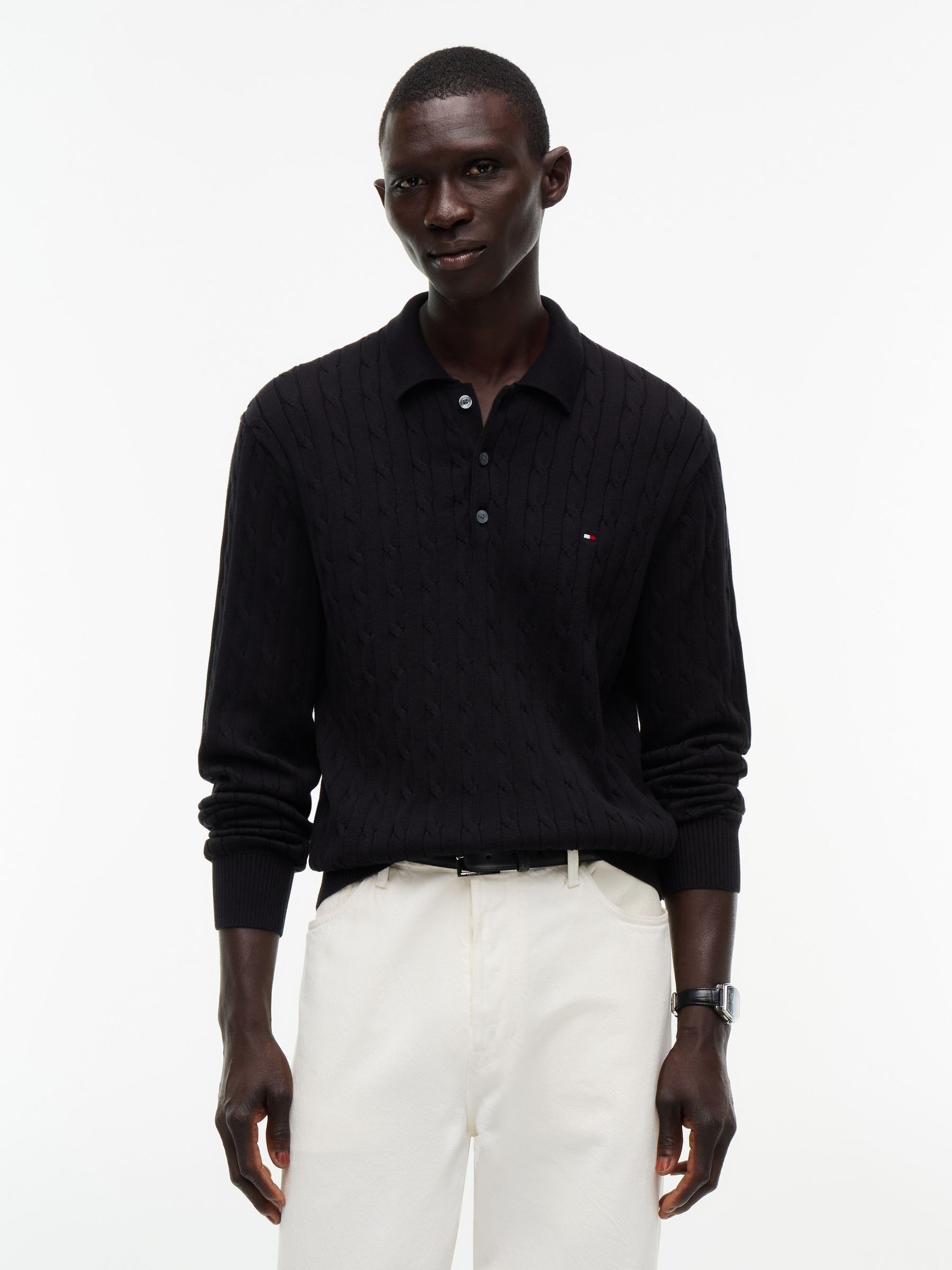 Tommy Hilfiger Men's Black Cable Knit Polo Jumper