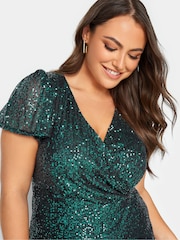 Yours Curve Green London Sequin Wrap Shift Dress - Image 4 of 4