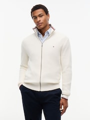 Tommy Hilfiger Cream Tipped Cuff Ribbed Zip Thru Jumper - Image 1 of 5