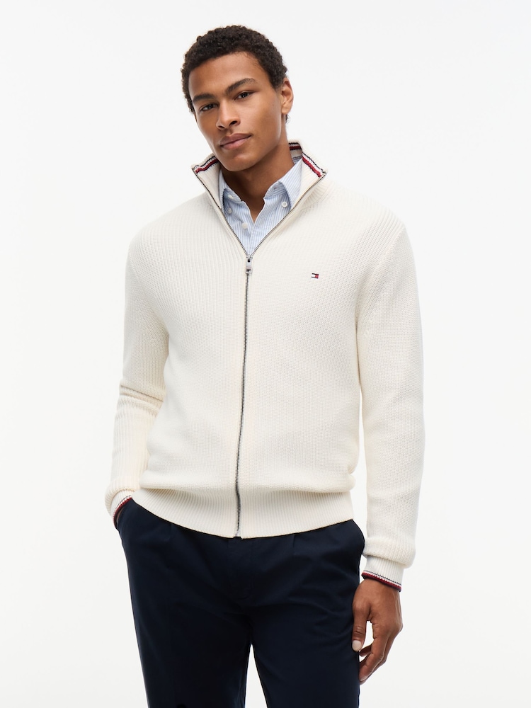 Tommy Hilfiger Cream Tipped Cuff Ribbed Zip Thru Jumper - Image 1 of 5 Tommy Hilfiger Cream Tipped Cuff Ribbed Zip Thru Jumper - Image 1 of 5