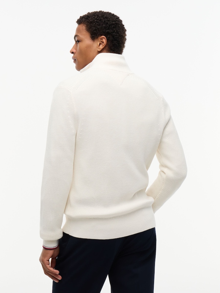 Tommy Hilfiger Cream Tipped Cuff Ribbed Zip Thru Jumper - Image 2 of 5 Tommy Hilfiger Cream Tipped Cuff Ribbed Zip Thru Jumper - Image 2 of 5