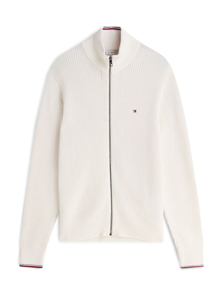 Tommy Hilfiger Cream Tipped Cuff Ribbed Zip Thru Jumper - Image 5 of 5 Tommy Hilfiger Cream Tipped Cuff Ribbed Zip Thru Jumper - Image 5 of 5