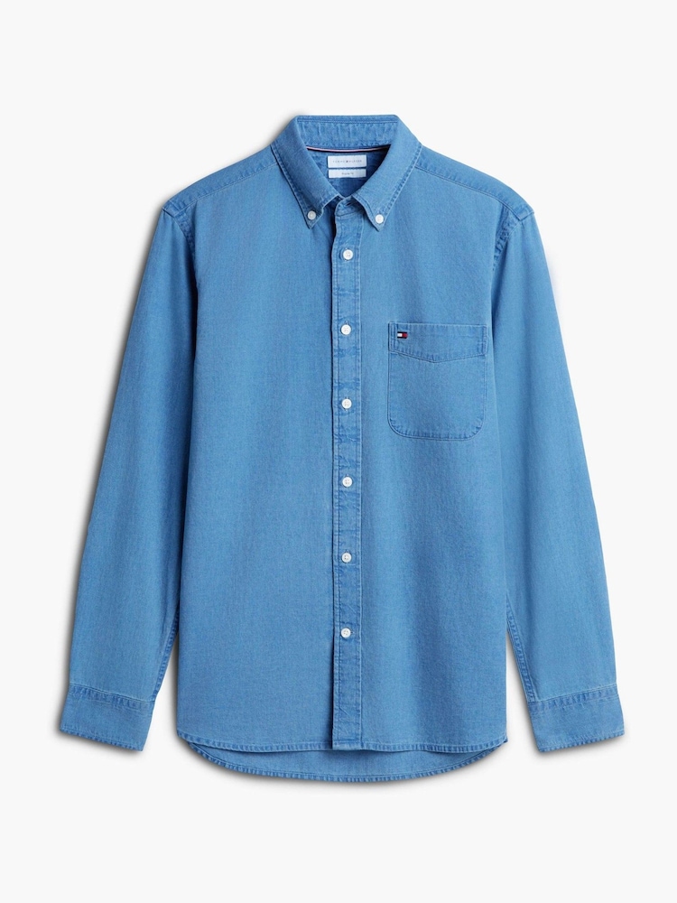 Tommy Hilfiger Blue Regular Fit Dobby Denim Shirt - Image 1 of 2 Tommy Hilfiger Blue Regular Fit Dobby Denim Shirt - Image 1 of 2