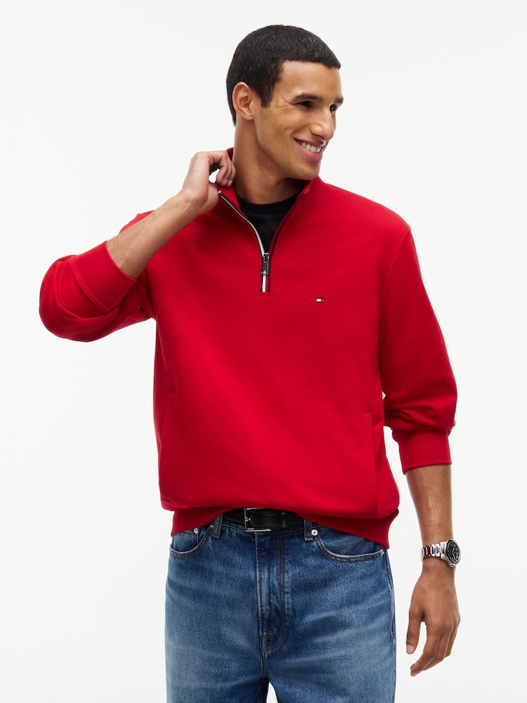 Tommy Hilfiger Red Global Stripe Terry Quarter Zip Sweatshirt - Image 1 of 6 Tommy Hilfiger Red Global Stripe Terry Quarter Zip Sweatshirt - Image 1 of 6