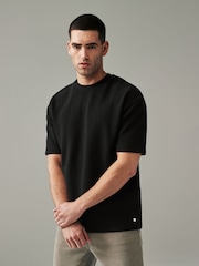 Black Single Relaxed Fit Ottoman Texture 100% Cotton T-Shirts - Image 1 of 9