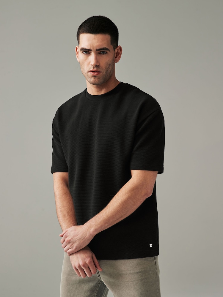 Black Single Relaxed Fit Ottoman Texture 100% Cotton T-Shirts - Image 1 of 9