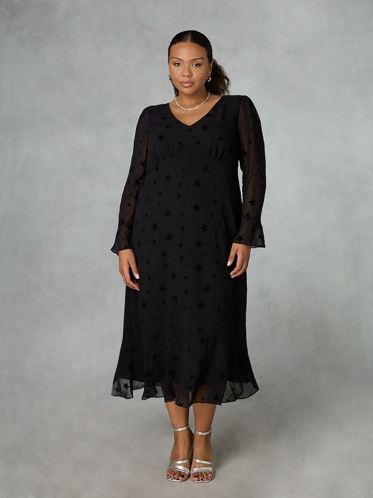 Live Unlimited Curve Flock Star Flute Sleeve Midi Black Dress - Image 1 of 4