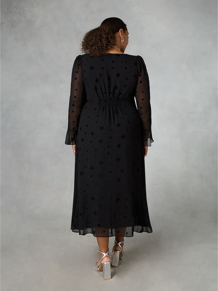 Live Unlimited Curve Flock Star Flute Sleeve Midi Black Dress - Image 2 of 4