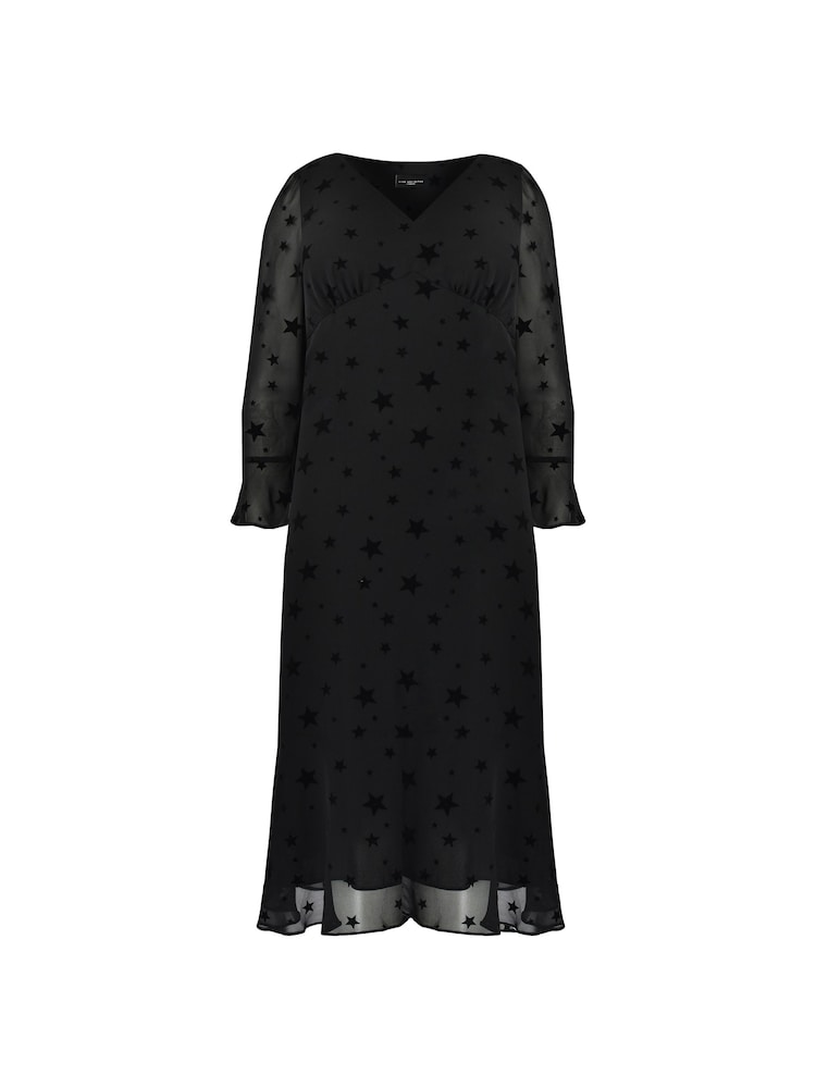 Live Unlimited Curve Flock Star Flute Sleeve Midi Black Dress - Image 4 of 4