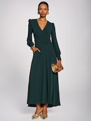 Vert - Jolie Moi Long Sleeve V-Neck Jersey Maxi Dress - Image 1 de 6