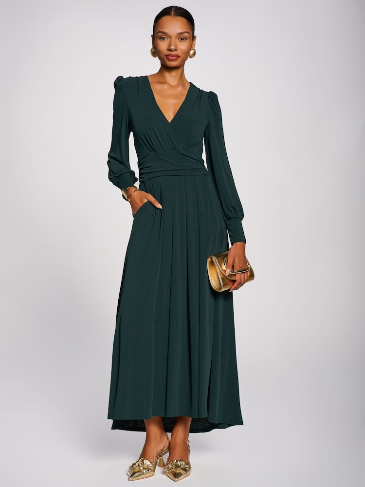 Vert - Jolie Moi Long Sleeve V-Neck Jersey Maxi Dress - Image 1 de 6