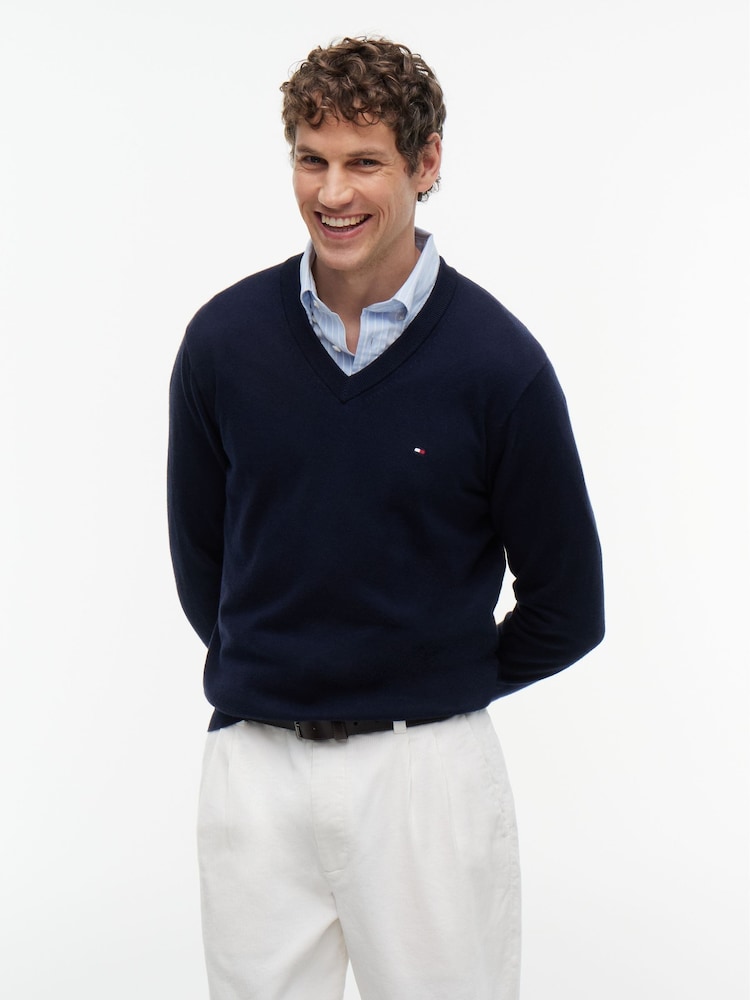 Tommy Hilfiger Blue V-Neck Jumper With Cashmere - Image 1 of 5