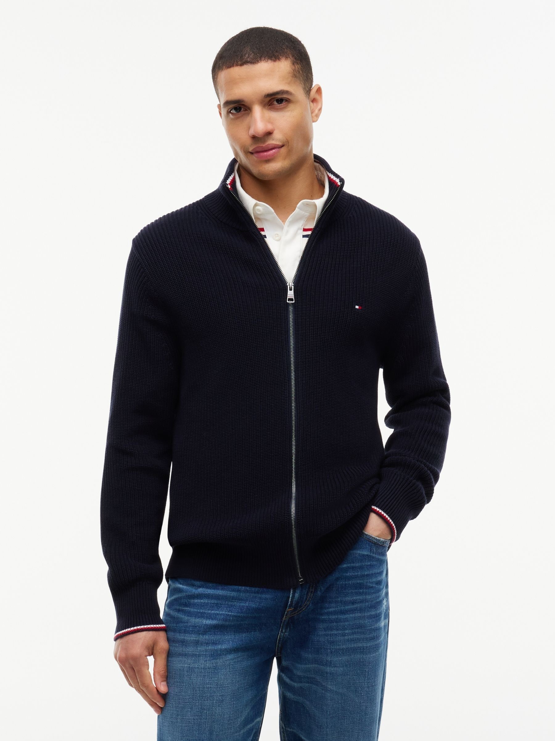 Tommy Hilfiger Men's Blue Tipped Cuff Ribbed Zip Thru Jumper - Image 5