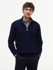 Теңіз көк - Tommy Hilfiger таза қой жүнінен жасалған кабельді тоқылған ширек сыдырмалы жемпір - 5суретінің 1 суреті