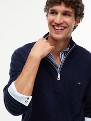 Теңіз көк - Tommy Hilfiger таза қой жүнінен жасалған кабельді тоқылған ширек сыдырмалы жемпір - 5суретінің 4 суреті