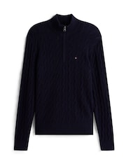 Теңіз көк - Tommy Hilfiger таза қой жүнінен жасалған кабельді тоқылған ширек сыдырмалы жемпір - 5суретінің 5 суреті