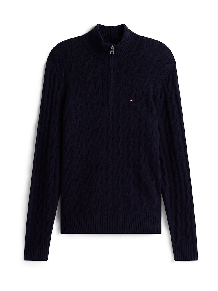 Теңіз көк - Tommy Hilfiger таза қой жүнінен жасалған кабельді тоқылған ширек сыдырмалы жемпір - 5суретінің 5 суреті