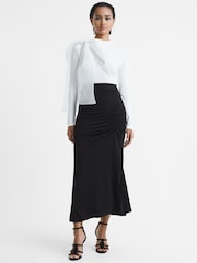 Reiss Black Eleanor High Rise Ruched Fitted Midi Skirt - Image 1 of 5