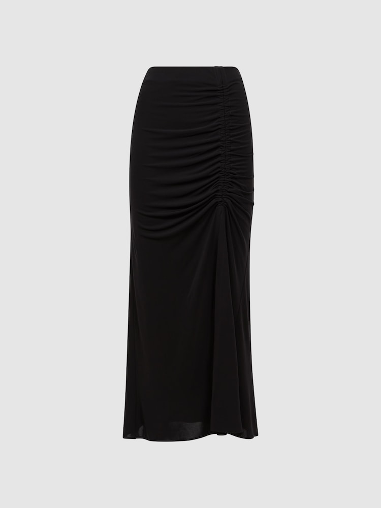 Reiss Black Eleanor High Rise Ruched Fitted Midi Skirt - Image 2 of 5