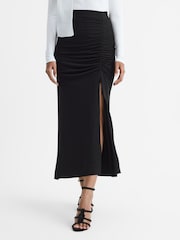 Reiss Black Eleanor High Rise Ruched Fitted Midi Skirt - Image 3 of 5