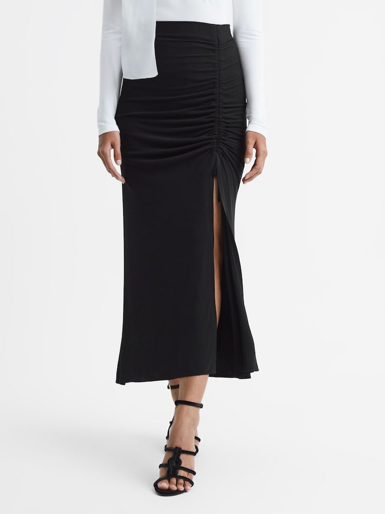 Reiss Black Eleanor High Rise Ruched Fitted Midi Skirt - Image 3 of 5
