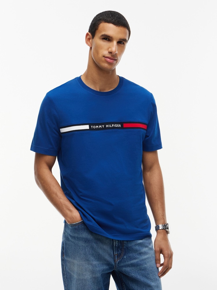 Tommy Hilfiger Blue Logo Embroidery Insert T-Shirt - Image 1 of 4 Tommy Hilfiger Blue Logo Embroidery Insert T-Shirt - Image 1 of 4